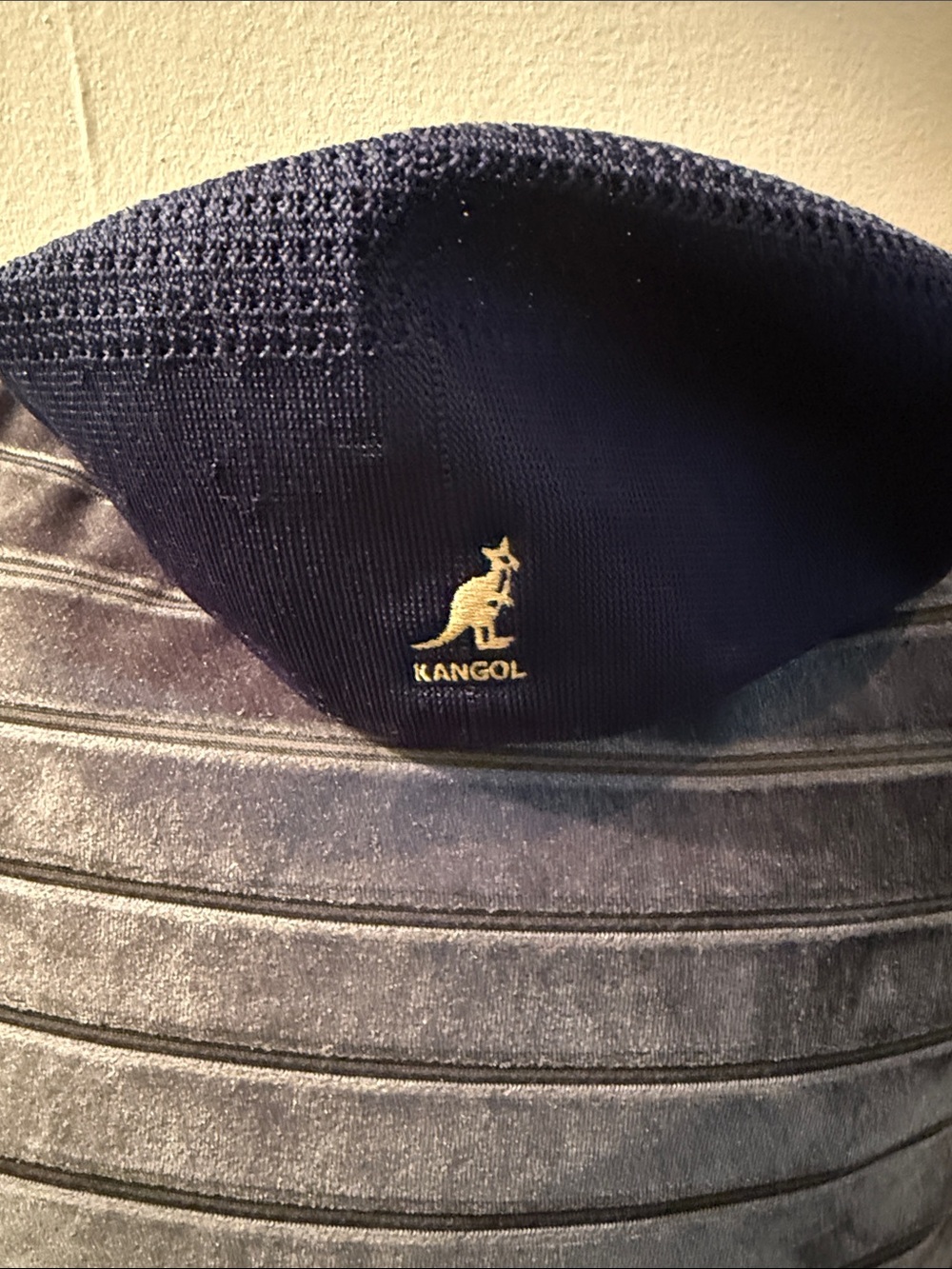 Kangol Navy Knit Beret with Gold Kangaroo Logo